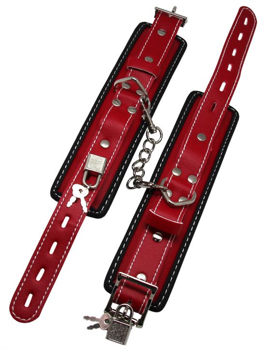 Красно-черные регулируемые наручники с фиксацией на карабинах Eroticon