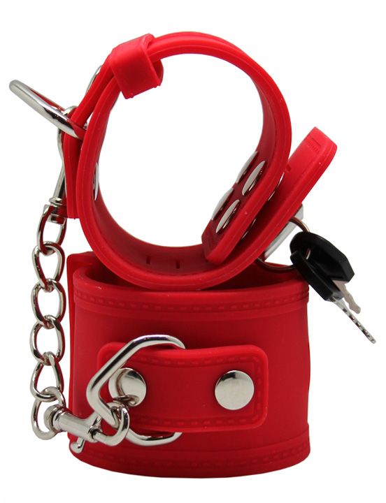Красные силиконовые наручники с фиксацией и ключиком - силикон