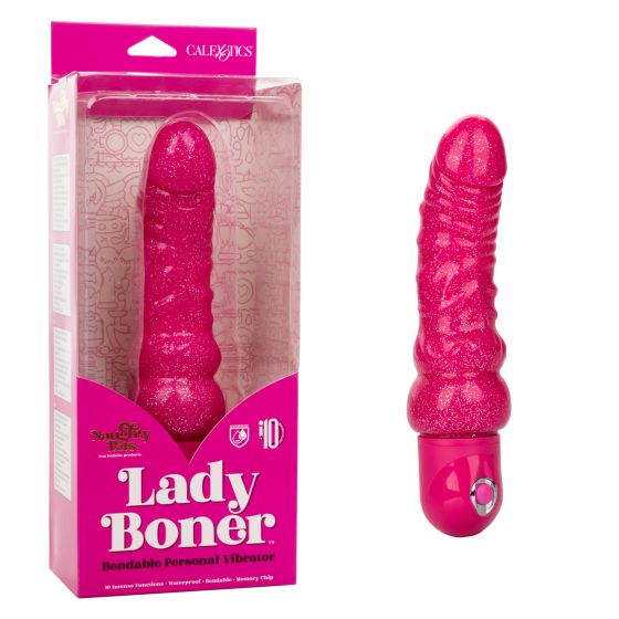 Розовый вибратор-реалистик с блестками Naughty Bits Lady Boner Bendable Personal Vibrator - 20 см. - поливинилхлорид (ПВХ, PVC)
