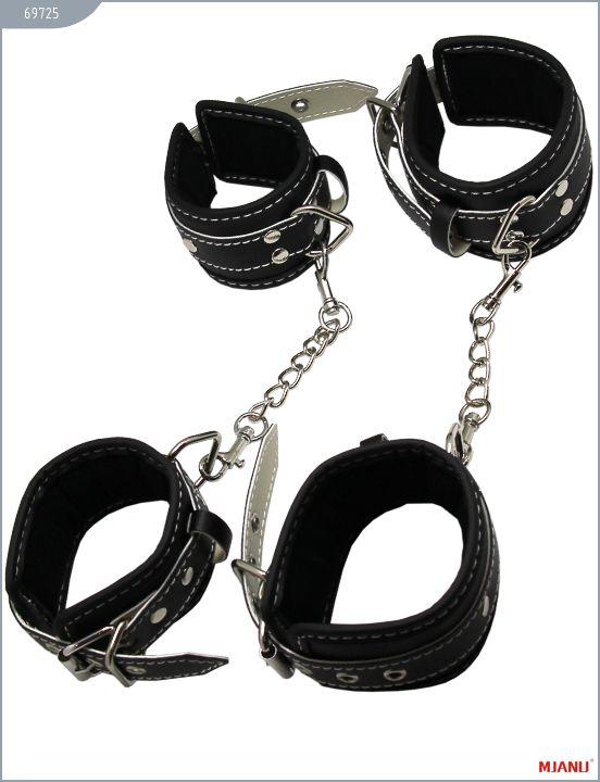 Набор БДСМ-девайсов из чёрной кожи на мягкой подкладке: наручники, наножники, ошейник с поводком, кляп 