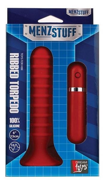 Красный ребристый анальный вибратор RIBBED TORPEDO - 15 см. - силикон