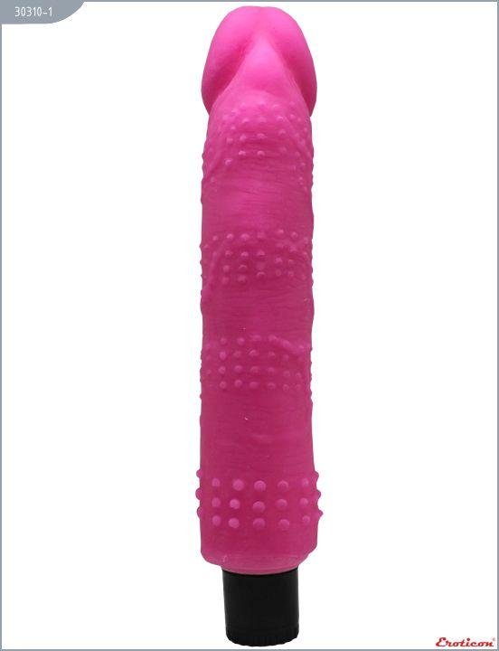 Розовый вибратор из ультраскин с точками по всей длине - 24 см. Eroticon