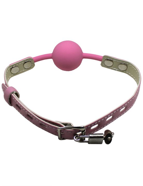 Розовый силиконовый кляп-шарик с фиксацией и замочком - фото 5