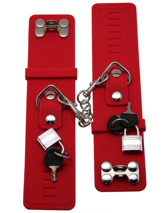 Красные силиконовые наручники с фиксацией и ключиком - фото 5