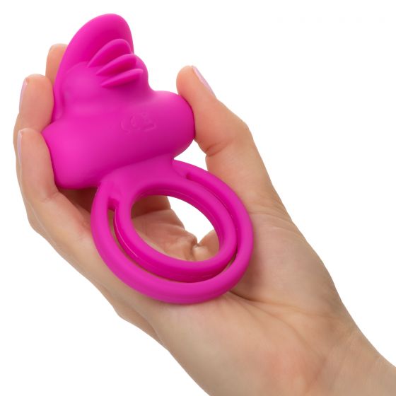Ярко-розовое эрекционное кольцо Silicone Rechargeable Dual Clit Flicker California Exotic Novelties