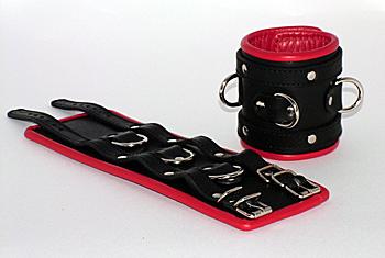 Широкие обёрнутые наручники с красным кожаным подкладом - натуральная кожа