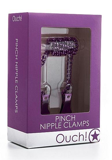 Клипсы на соски с фиолетовой цепочкой Pinch Nipple Clamps - металл