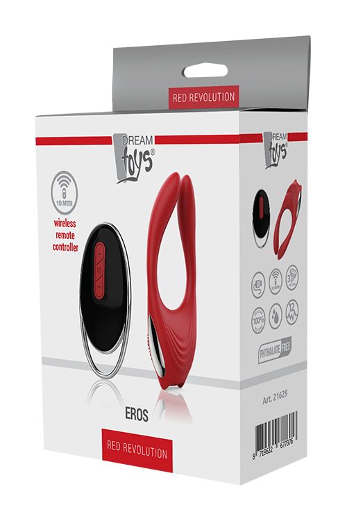 Красное эрекционное кольцо EROS с пультом ДУ Dream Toys