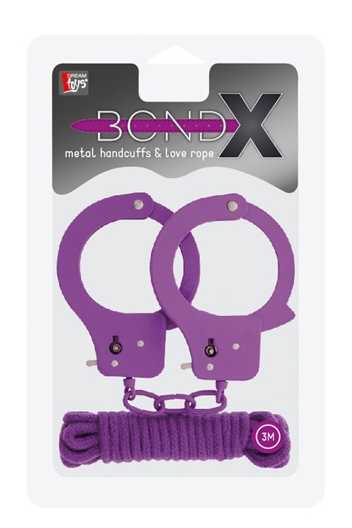 Фиолетовые наручники из листового металла в комплекте с веревкой BONDX METAL CUFFS LOVE ROPE SET - металл