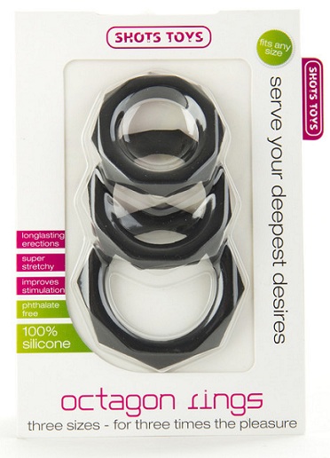 Набор чёрных эрекционных колец Octagon Rings 3 sizes (3 шт.) - силикон
