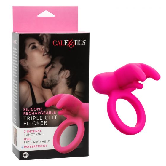 Розовое перезаряжаемое кольцо Silicone Rechargeable Triple Clit Flicker - силикон
