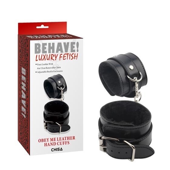 Черные наручники Obey Me Leather Hand Cuffs - искусственная кожа, металл
