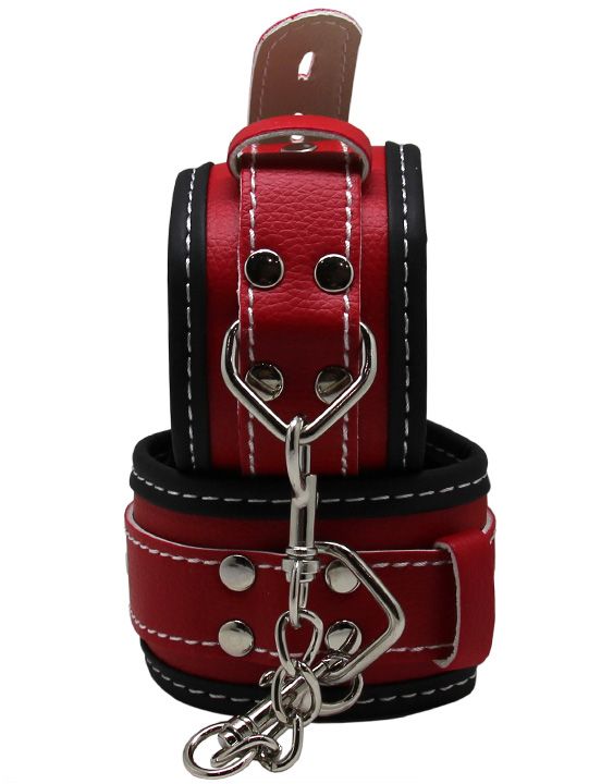 Красно-черные регулируемые наручники с фиксацией на карабинах - натуральная кожа