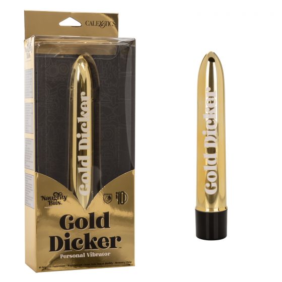 Золотистый классический вибратор Naughty Bits Gold Dicker Personal Vibrator - 19 см. - анодированный пластик (ABS)