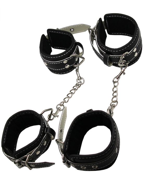 Пикантный БДСМ-набор на мягкой подкладке: наручники, поножи, ошейник с поводком, кляп Eroticon