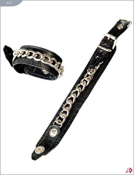 Декорированные цепочками узкие наручники - натуральная кожа