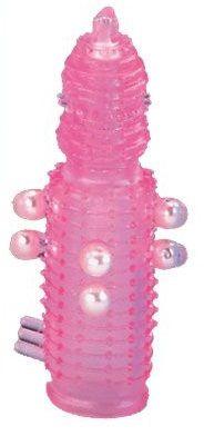 Розовая эластичная насадка на пенис с жемчужинами, точками и шипами Pearl Stimulator - 11,5 см. - Термопластичная резина (TPR)