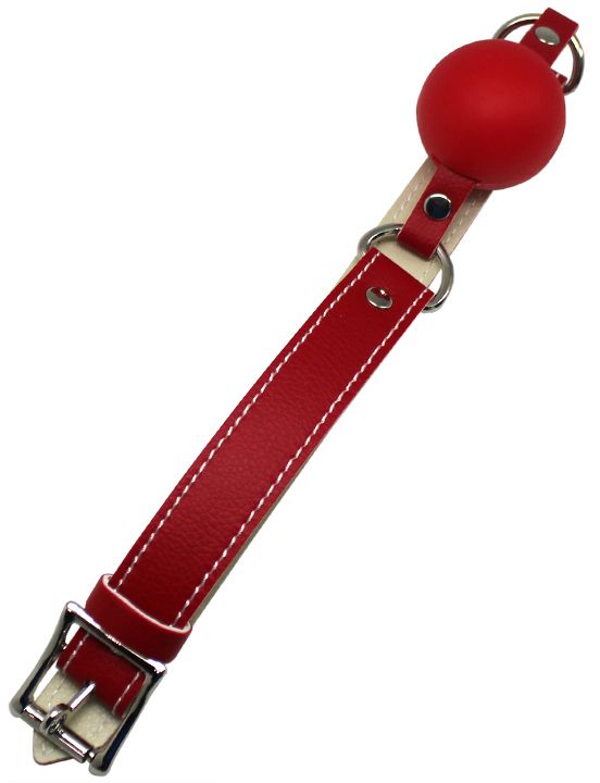 Красный силиконовый кляп-шарик с фиксацией и замочком - натуральная кожа, силикон