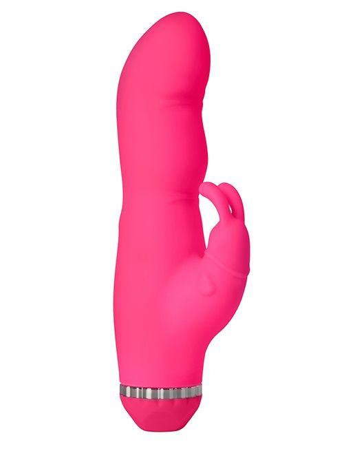 Розовый вибратор с клиторальным стимулятором PURRFECT SILICONE DELUXE DUOVIBE - 17,5 см.