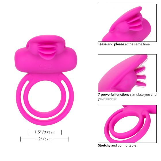 Ярко-розовое эрекционное кольцо Silicone Rechargeable Dual Clit Flicker от Intimcat
