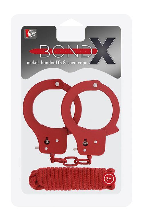 Красные наручники из листового металла в комплекте с веревкой BONDX METAL CUFFS LOVE ROPE SET - металл