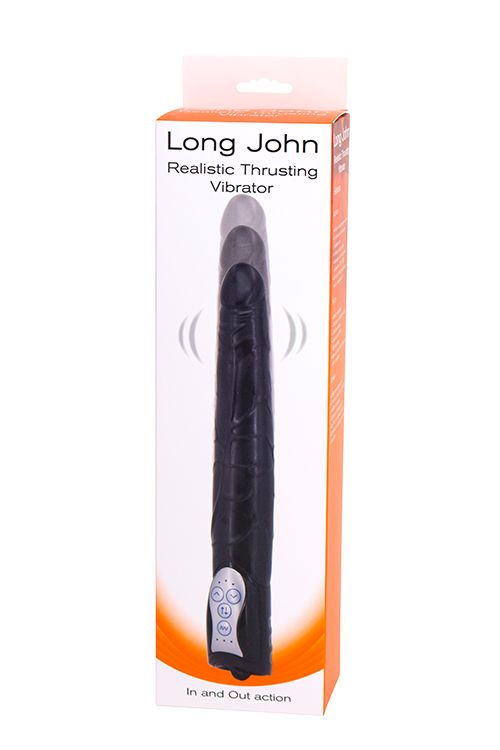 Чёрный вибромассажер Long John Realistic Thrusting Vibrator с функцией толкания - 20 см. - термопластичный эластомер (TPE)