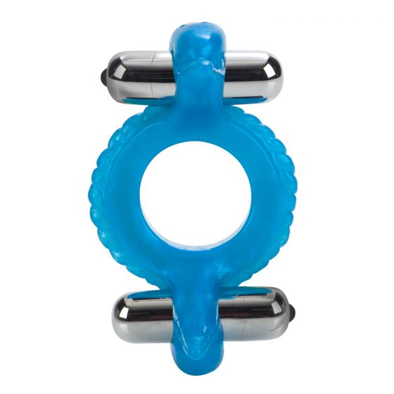 Голубое эрекционное кольцо с 2 виброэлементами Double Dolphin от Intimcat