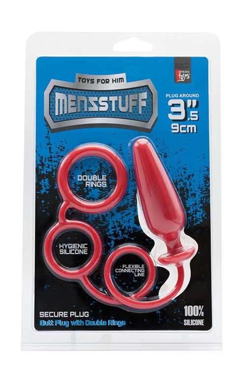 Красное эрекционное кольцо с подхватом и анальным стимулятором MENZSTUFF 3.5INCH DOUBLE RING ANAL PLUG - силикон