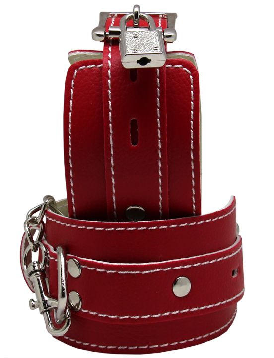 Красные регулируемые наручники с фиксацией на карабинах - искусственная кожа