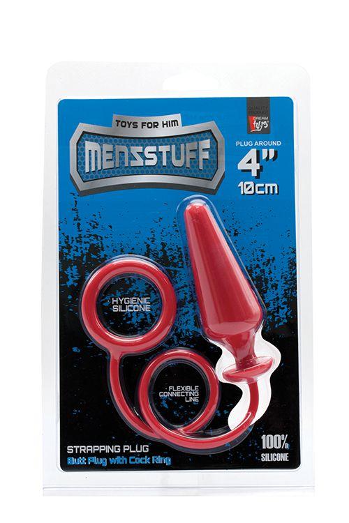 Красное эрекционное кольцо с анальной пробкой MENZSTUFF 4INCH SINGLE RING ANAL PLUG - силикон