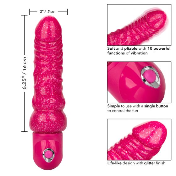 Розовый вибратор-реалистик с блестками Naughty Bits Lady Boner Bendable Personal Vibrator - 20 см. California Exotic Novelties