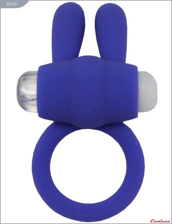 Синее эрекционное кольцо «Зайчик» с мини-вибратором - силикон