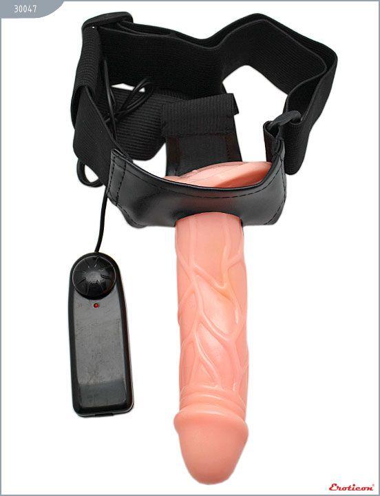 Универсальный телесный страпон с мини-вагиной и вибрацией - 19,5 см. - поливинилхлорид (ПВХ, PVC)