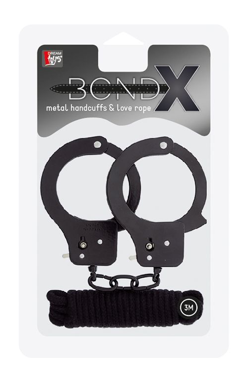 Чёрные наручники из листового металла в комплекте с веревкой BONDX METAL CUFFS LOVE ROPE SET - металл