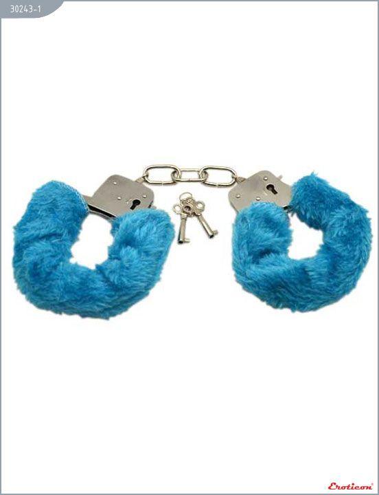 Металлические наручники с голубым мехом - металл, мех