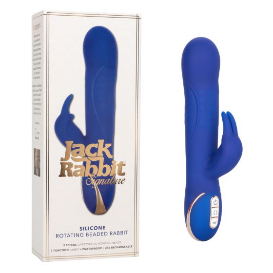 Синий вибратор Signature Silicone Rotating Beaded Rabbit с клиторальным отростком - 22,75 см. - силикон