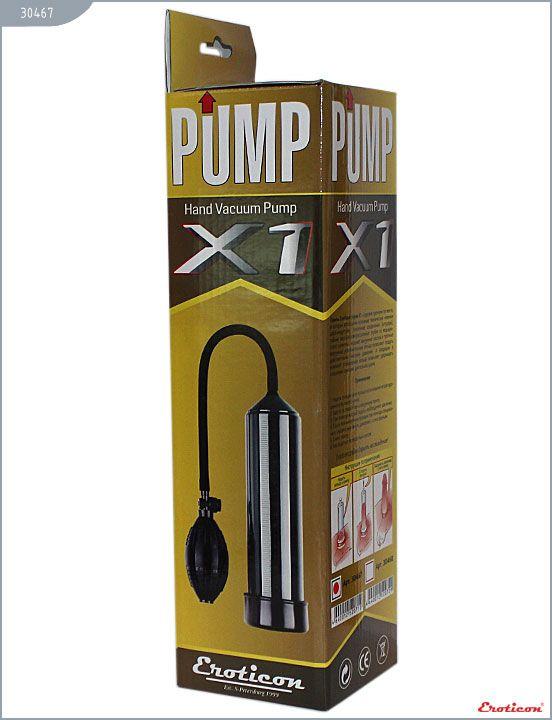 Чёрная вакуумная помпа Eroticon PUMP X1 с грушей - анодированный пластик (ABS)