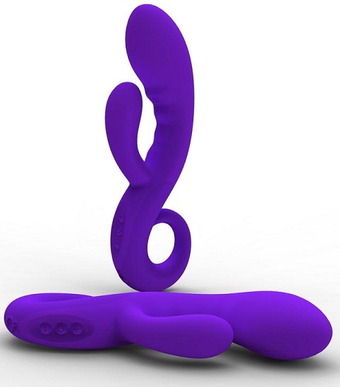 Фиолетовый рельефный вибромассажер для точки G с клиторальным стимулятором Cupid - пластик, силикон