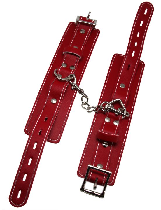 Красные регулируемые наручники с фиксацией на карабинах Eroticon