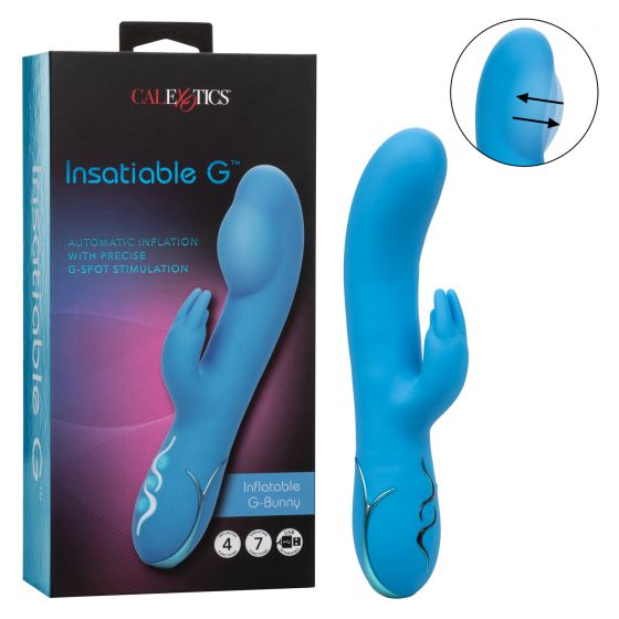 Голубой вибромассажер Insatiable G Inflatable G-Bunny с функцией расширения - 21 см. - силикон