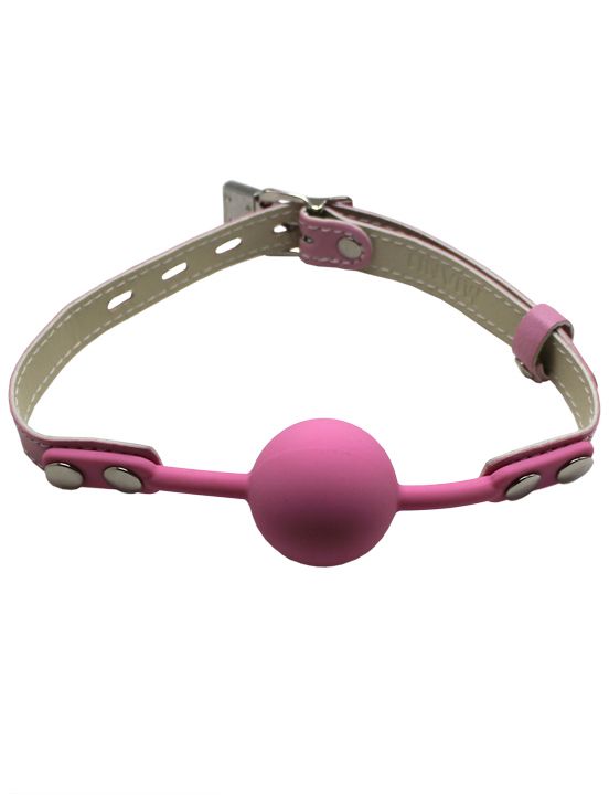 Розовый силиконовый кляп-шарик с фиксацией и замочком - натуральная кожа, силикон