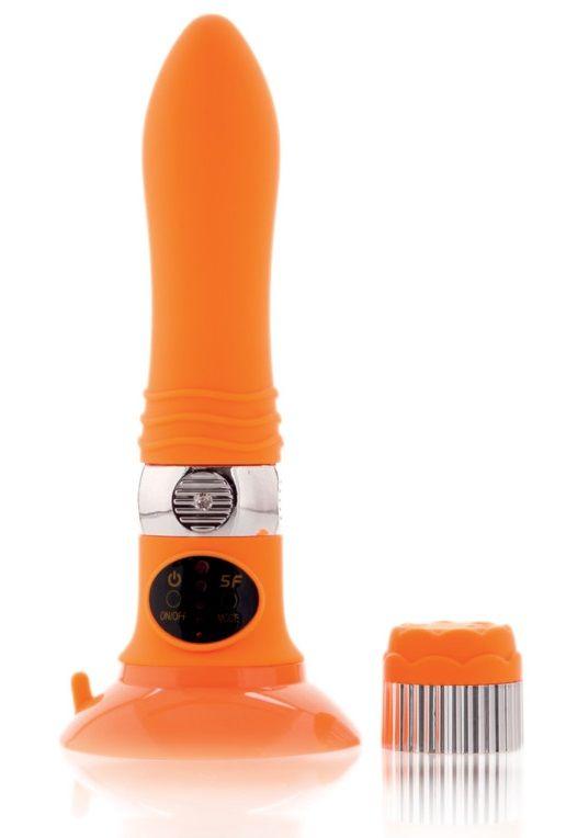 Оранжевый водонепроницаемый вибратор на присоске со сменной панелью управления - 19 см. - анодированный пластик (ABS)