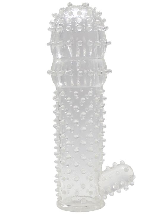 Прозрачная пупырчатая насадка на фаллос с язычком - 12,5 см. - термопластичный эластомер (TPE)