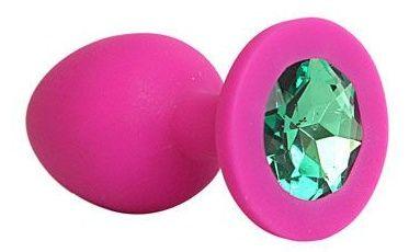 Ярко-розовая анальная пробка с зеленым кристаллом - 9,5 см.