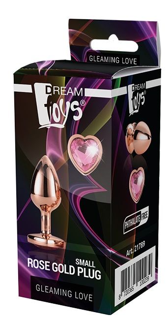 Золотистая анальная втулка с кристаллом-сердечком розового цвета - 7,1 см. Dream Toys