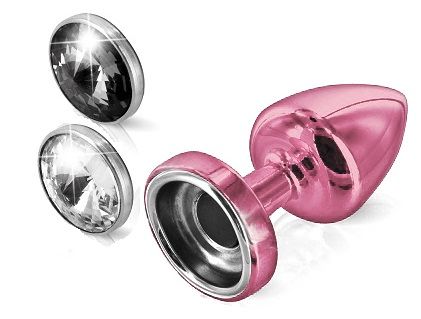 Розовый анальный плаг Anni Magnet T1 pink Cristal/black с 2 заменяемыми кристаллами - 6 см. - металл