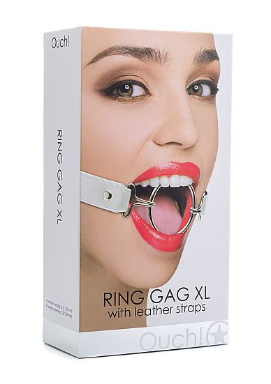 Расширяющий кляп Ring Gag XL с белыми ремешками - натуральная кожа, металл