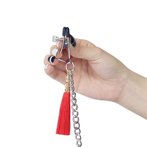 Зажимы на соски и клитор с игривыми красными кисточками Nipple Clit Tassel Clamp With Chain Lovetoy