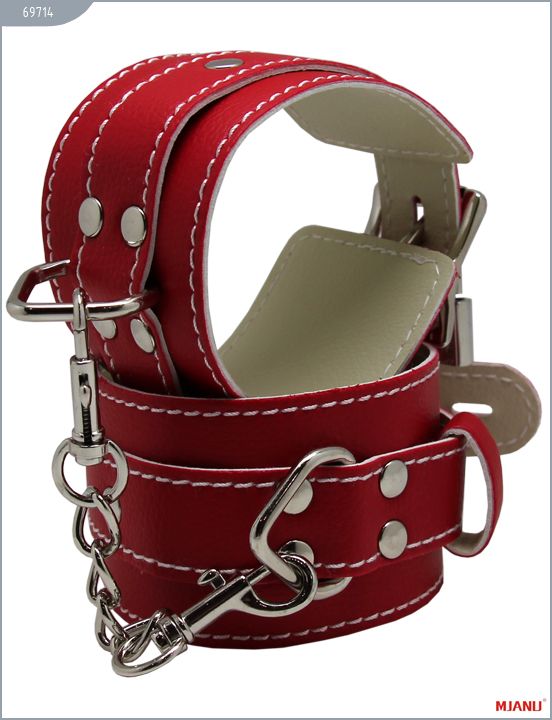 Красные кожаные наручники с фиксацией от Intimcat