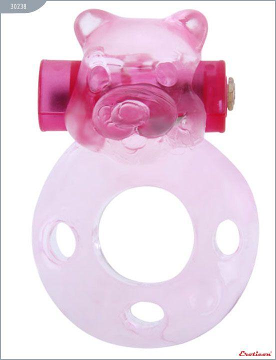 Розовое эрекционное кольцо «Медвежонок» с мини-вибратором от Intimcat